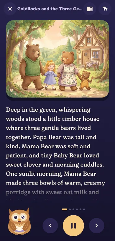 The Petite Tales reader, recorded from the app: a painted page of Goldilocks read aloud, Ollie’s beak moving with the narration, and the page turning by itself
