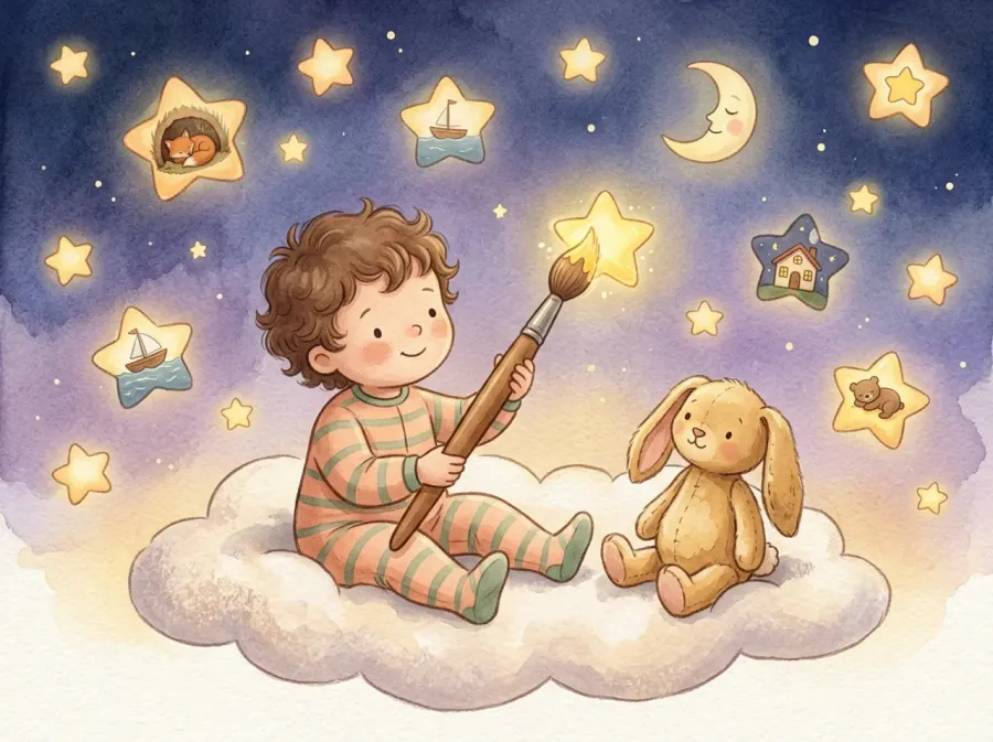 A painting of a child in striped pyjamas painting stars in the night sky, next to a toy bunny
